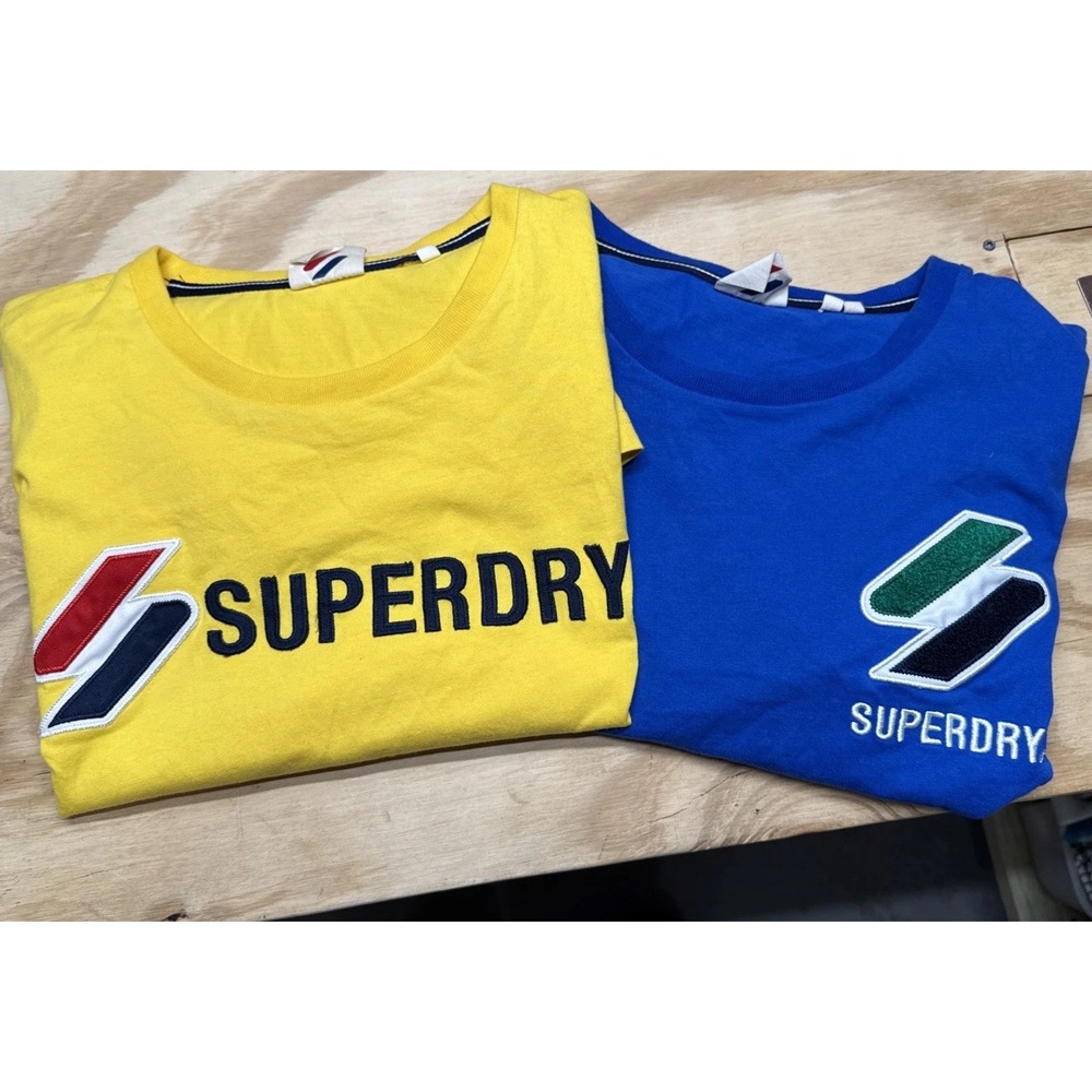 Lot of 2 Superdry Men's XL T-Shirts Blue &‎ Yellow Logo Tees Embroidered Cotton
